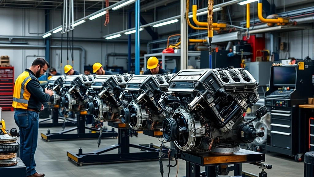 Professional automotive machine shop with LS3 engines on workbenches during assembly, technicians in safety gear inspecting engine blocks, modern tools and diagnostic equipment visible, industrial workshop setting with proper lighting