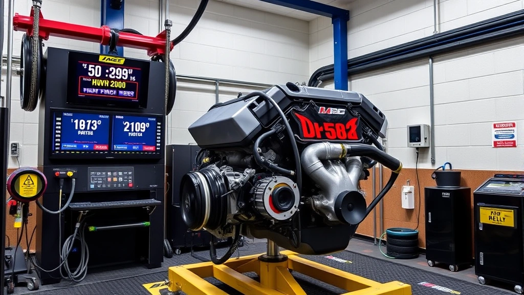 Performance dyno testing facility with LS3 engine mounted on dynamometer, digital readout screens displaying horsepower and torque data, professional testing environment with safety equipment and monitoring systems