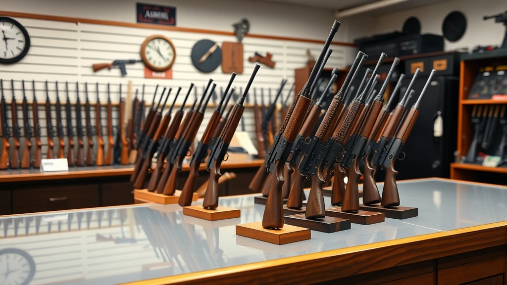 Organized firearms retail counter display with multiple vintage military rifles on wooden display stands, professional gun shop interior with proper lighting and security features
