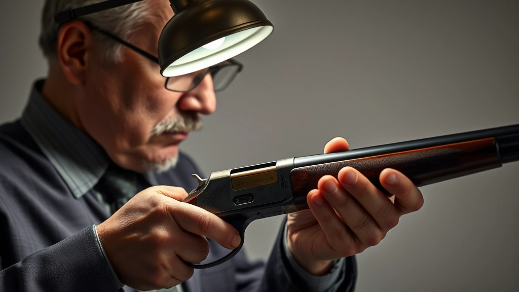 Professional auctioneer examining antique rifle under inspection lamp, detailed close-up of hands evaluating firearm condition and authenticity, neutral background