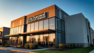 Modern commercial real estate office building exterior with glass facade and professional signage, photographed during golden hour with clear blue sky, showing contemporary architecture and landscaping