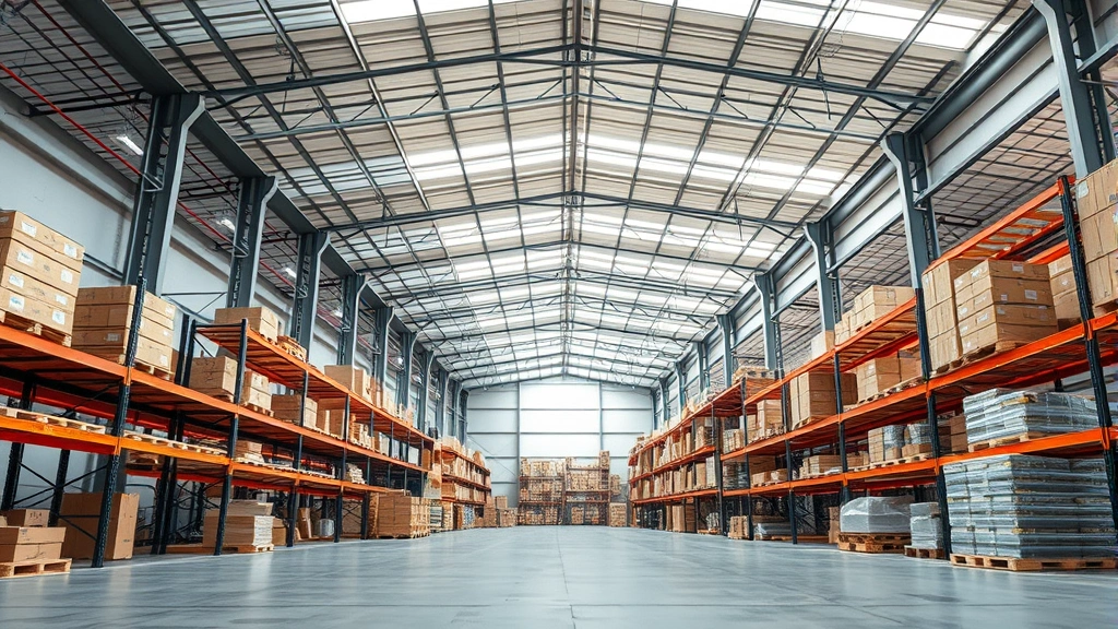 Commercial warehouse interior with high ceilings, organized storage systems, and natural lighting from skylights, showing clean concrete floors and professional logistics setup without any visible text or signage
