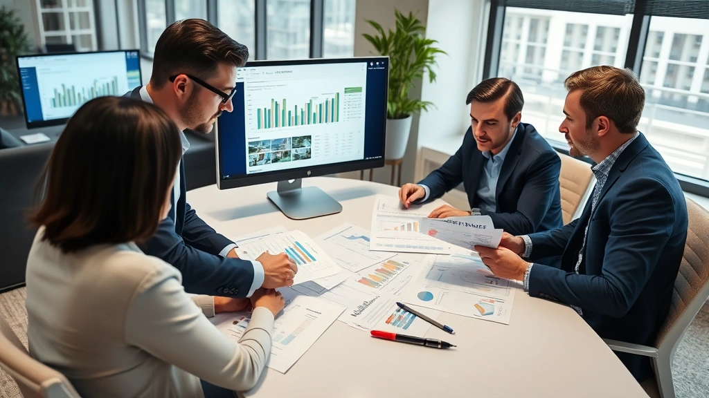 Real estate investment team in modern office reviewing property documents and market data on computer screens and printed reports, collaborative workspace with charts and analysis materials visible