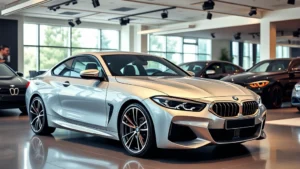 Professional luxury car dealership showroom interior with modern lighting, displaying sleek BMW M240i sports car in metallic silver, professional sales environment, natural daylight from large windows, high-end automotive retail setting