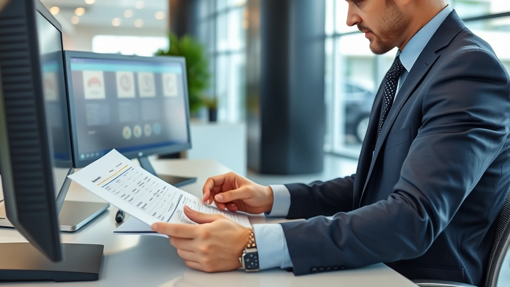Close-up of dealership sales manager reviewing vehicle pricing documents and specifications at modern desk with computer monitors, professional business attire, paperwork and pricing sheets visible, contemporary dealership office environment