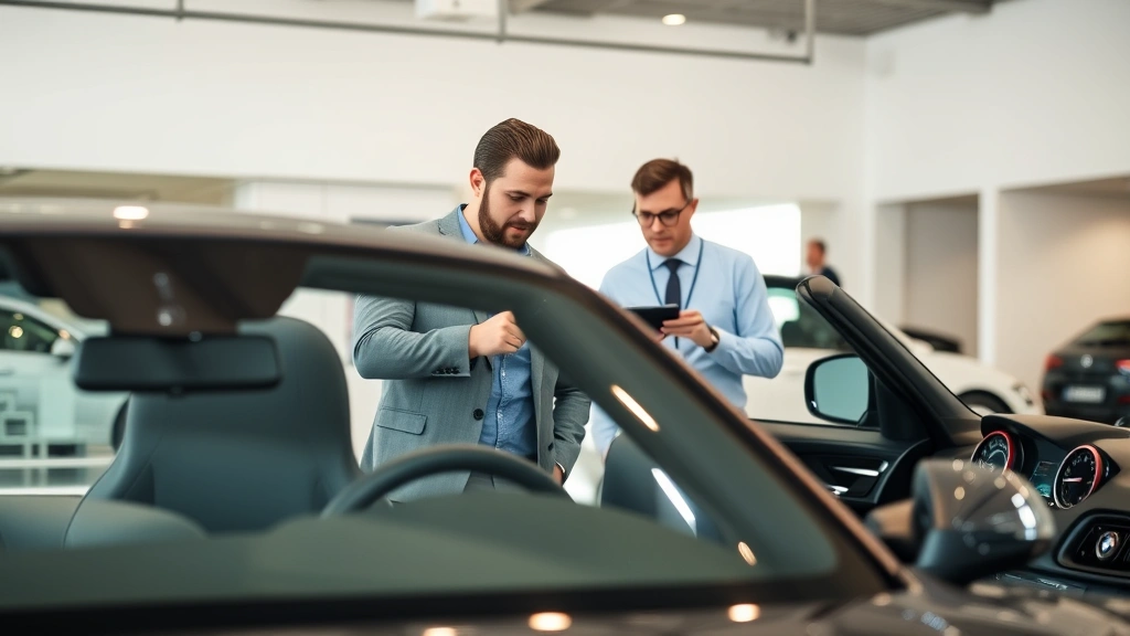 Diverse customer couple examining new BMW M240i sports car in dealership, inspecting exterior and interior features, professional sales consultant in background, modern showroom with neutral lighting, automotive retail environment
