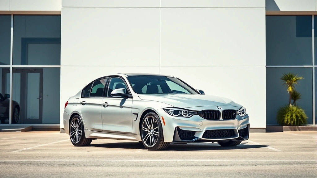 Professional luxury sedan M340i on dealer lot with clean aesthetic background, showcasing metallic paint finish and M Sport styling details, natural daylight photography