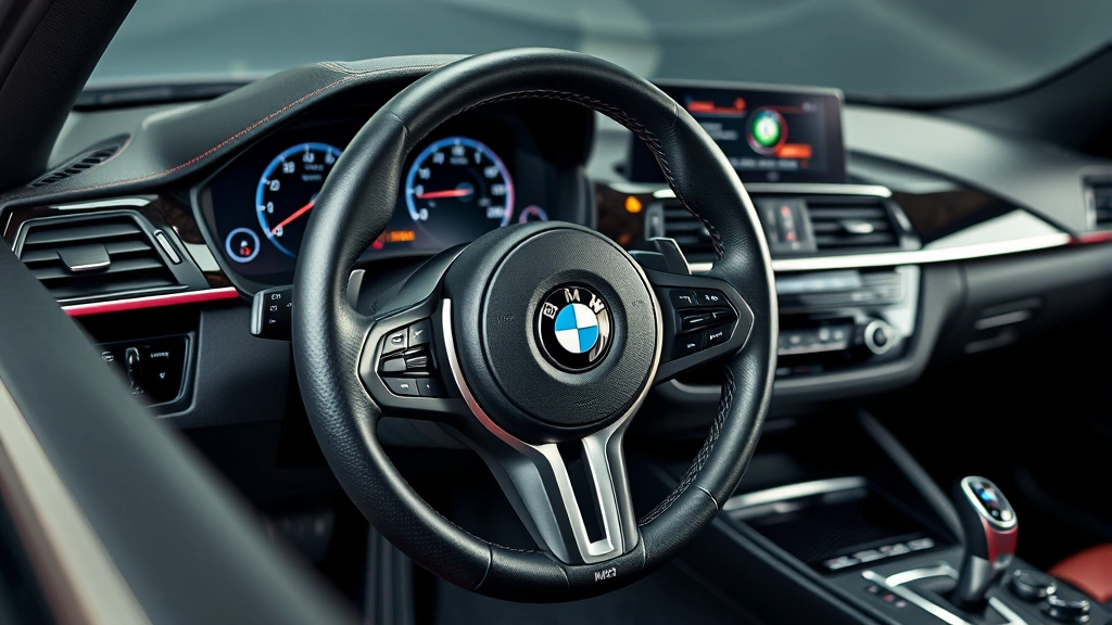 Close-up of BMW M340i interior dashboard and steering wheel featuring performance upgrades, modern technology interface, premium leather appointments, professional studio lighting