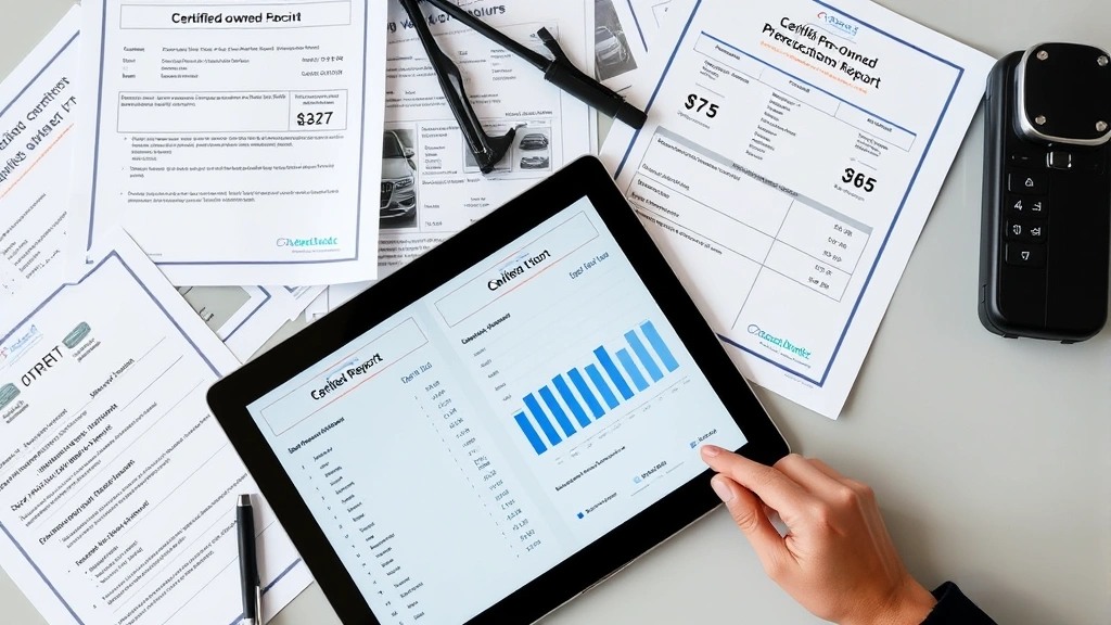 Overhead view of certified pre-owned vehicle documentation and inspection reports spread on desk with tablet showing market pricing data, professional business setting