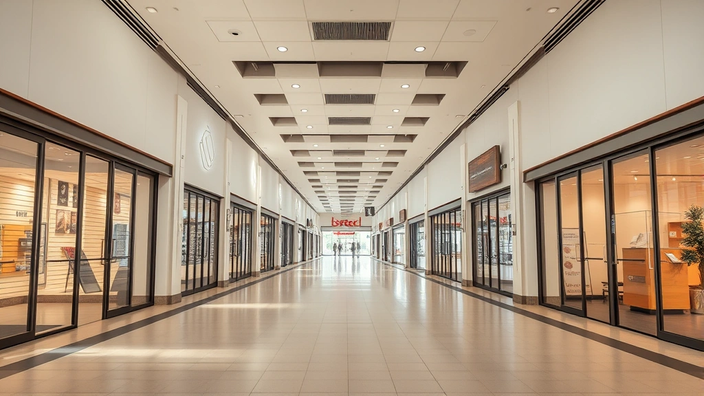 Wide shot of empty modern retail shopping mall corridor with closed storefront gates, professional lighting, clean floors, daytime atmosphere, no people visible, emphasizing vacant retail space and urban commercial environment