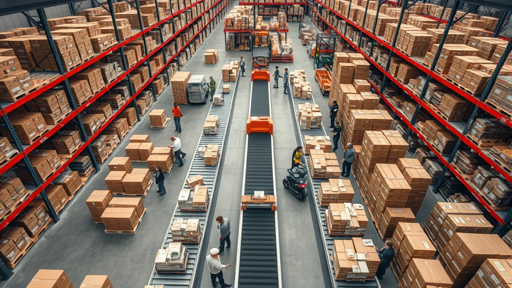 Overhead view of busy warehouse fulfillment center with workers processing packages, conveyor belts, organized shelving systems, diverse team members in motion, professional logistics operation demonstrating e-commerce infrastructure