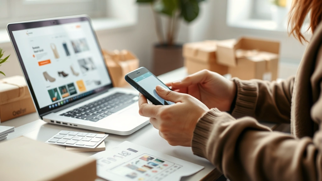 Close-up of person shopping on mobile device and laptop simultaneously at home workspace, surrounded by packaging materials, focused on digital shopping experience, modern minimalist setting, natural lighting, showing omnichannel retail behavior