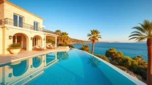 Luxury Mediterranean villa with white stone facade, infinity pool overlooking turquoise sea, palm trees, Mallorca coastline, golden hour lighting, professional real estate photography style