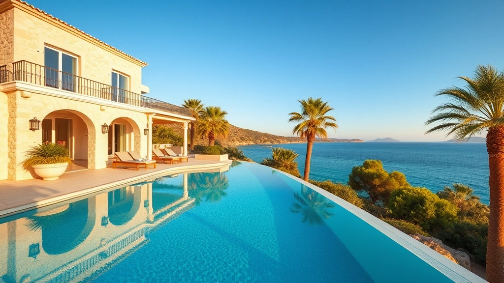 Luxury Mediterranean villa with white stone facade, infinity pool overlooking turquoise sea, palm trees, Mallorca coastline, golden hour lighting, professional real estate photography style