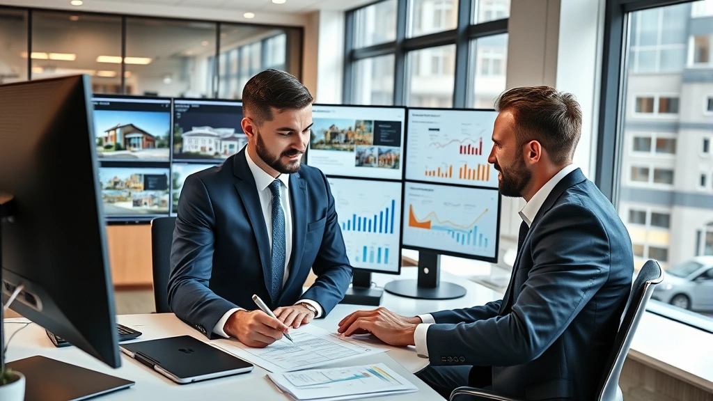 Modern real estate agent reviewing property documents and market analysis charts in contemporary office, multiple monitors showing property listings, professional business environment, natural daylight