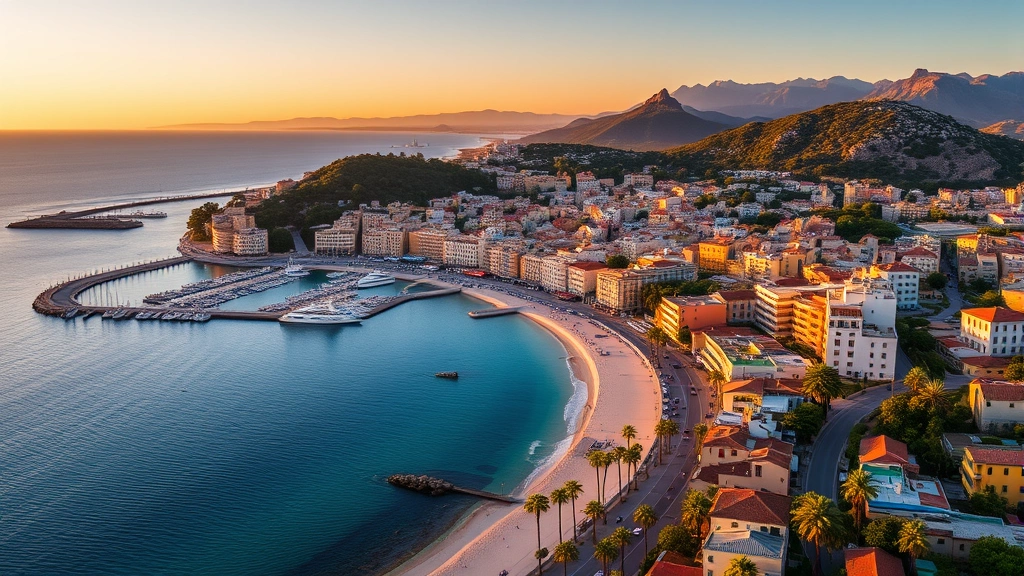 Aerial drone view of Mallorca coastal town with mixed architecture, harbor marina, Mediterranean beach, palm-lined promenade, mountains in distance, sunset golden hour, vibrant Mediterranean landscape