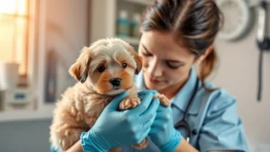 Professional dog breeder examining a small Maltipoo puppy during health check, veterinary clinic setting with medical equipment visible, warm natural lighting, breeder holding puppy gently showing care and expertise