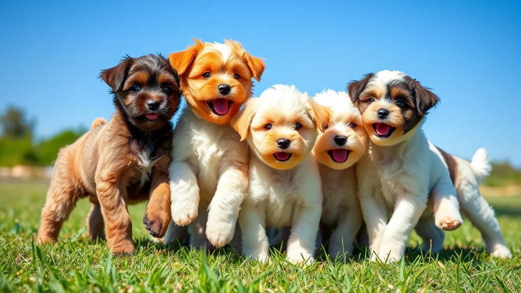 Diverse group of happy Maltipoo puppies playing together outdoors in natural sunlight, grassy area, showing healthy socialization and active play behavior, clear blue sky background