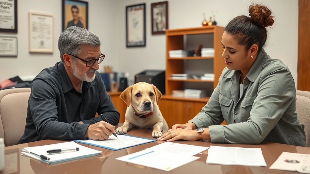 Prospective dog owner signing adoption contract at desk with rescue organization staff member, paperwork and documents visible, professional office environment, showing legitimate adoption process and transparency