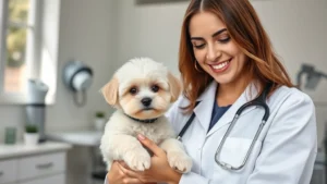 Professional female breeder examining a small fluffy maltipoo puppy in a bright veterinary clinic, holding puppy at chest level, genuine smile, clean white coat, stethoscope visible, natural daylight through windows, warmth and expertise conveyed