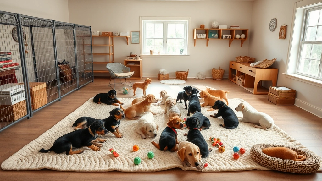 Organized home breeding facility with comfortable play area, multiple small dogs socializing together on soft bedding, enrichment toys scattered about, clean spacious room, natural light, professional yet homey atmosphere, no people visible