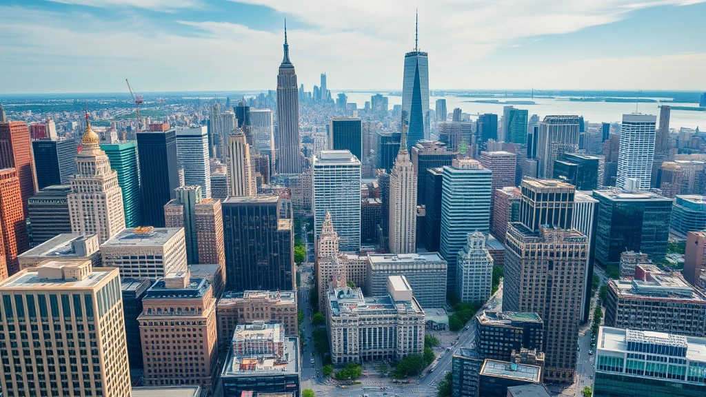 Aerial photograph of Manhattan skyline showing diverse building architecture, modern glass towers mixed with historic structures, busy streets with yellow taxis, daytime lighting, high-altitude perspective capturing urban density and commercial real estate landscape