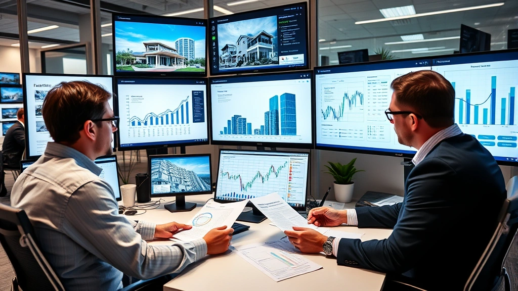 Professional real estate office environment with multiple monitors displaying property analytics, market data dashboards, and building floor plans, commercial real estate professionals reviewing documents, modern workspace with financial charts visible