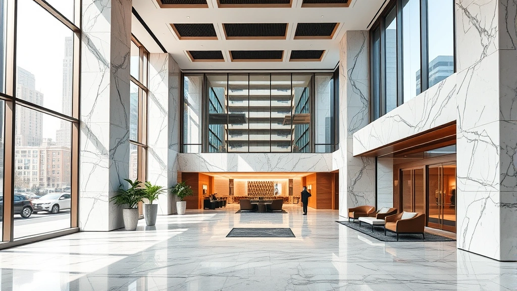 Modern Manhattan commercial building lobby featuring marble finishes, professional architectural design, contemporary furniture, natural lighting through large windows showing city views, empty retail space ready for tenant occupancy, upscale commercial property aesthetic