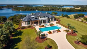 Aerial view of luxury mansion with sprawling manicured grounds, swimming pool, and lakefront property in Winter Park, Florida, showcasing modern architecture and upscale landscaping
