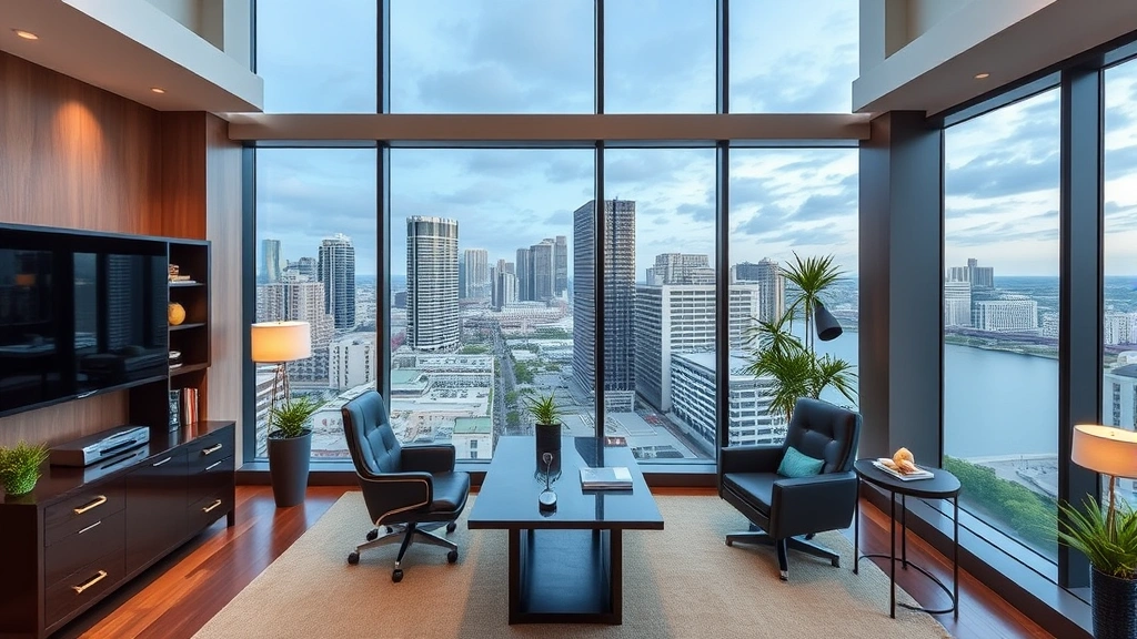 Interior photograph of high-end home office with floor-to-ceiling windows overlooking Orlando skyline, featuring luxury furnishings and professional investment analysis setup