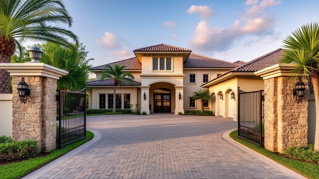Exterior view of gated luxury estate entrance with stone columns, elegant driveway, and premium architectural design typical of Isleworth golf community properties