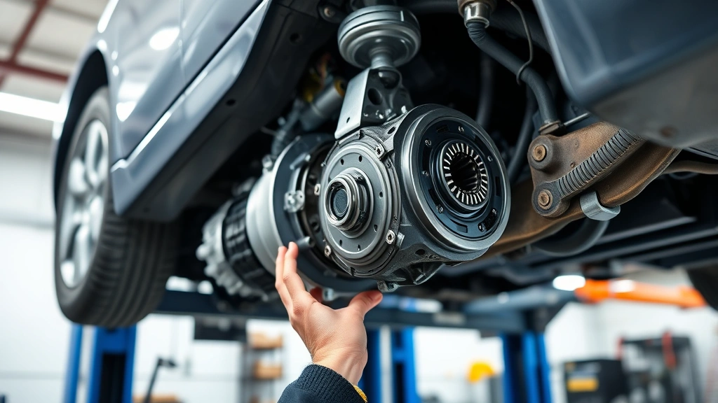 Professional automotive mechanic inspecting manual transmission clutch system on vehicle lift in bright modern service garage, close-up of hands working on transmission components
