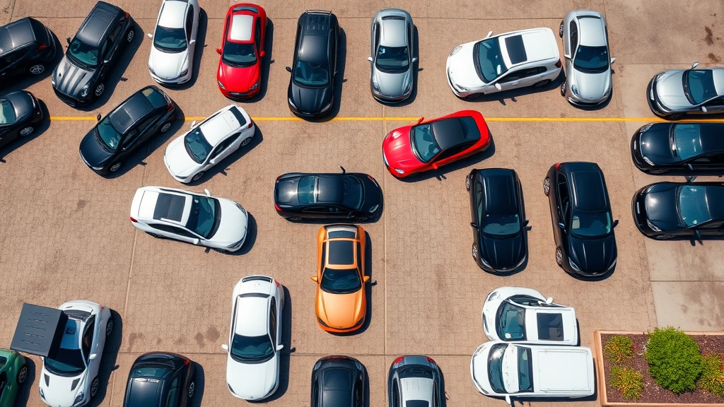 Overhead view of diverse car models arranged in dealership lot showing different vehicle types including compact cars, sports cars, and trucks on sunny day