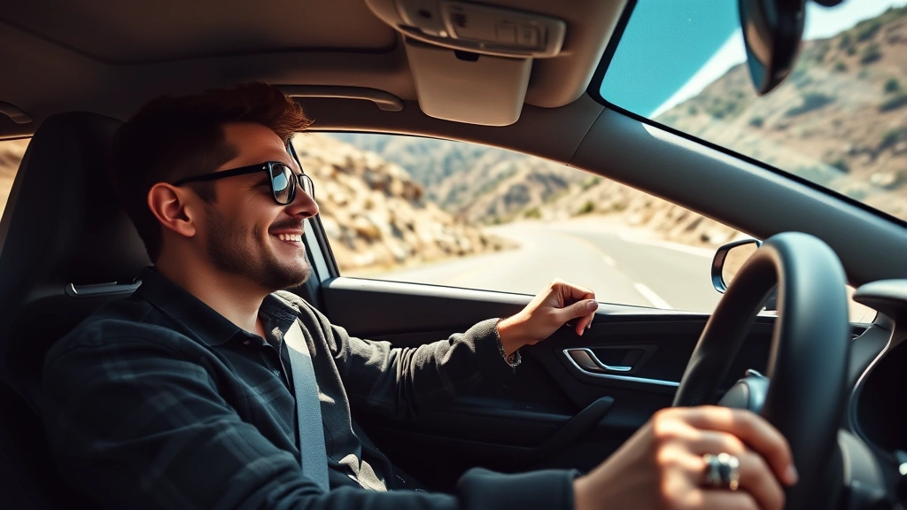 Passionate car enthusiast driver gripping steering wheel and manual shifter knob during spirited driving on winding mountain road, focused expression, daytime