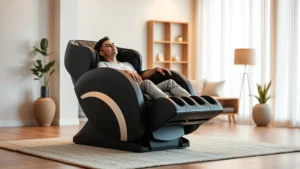 Luxury modern massage chair in minimalist living room with warm lighting, user relaxing during session with eyes closed, premium leather upholstery visible, contemporary home interior design aesthetic