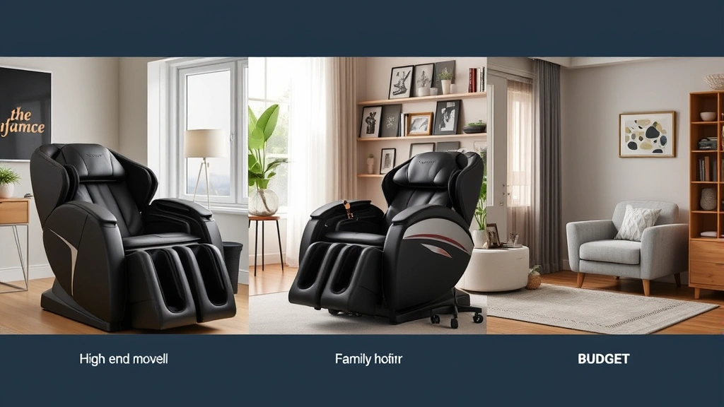 Split-screen comparison of three different massage chairs: high-end model with advanced controls, mid-range practical chair in family room, and budget-friendly option in apartment setting, showing different price-point options
