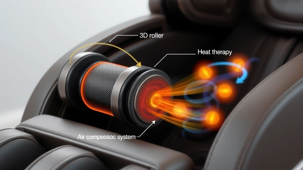 Close-up detail of massage chair components: 3D roller mechanism in operation, air compression system highlighted, heat therapy elements visible, internal technology demonstration of therapeutic features