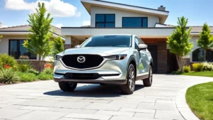 Professional photograph of a 2023 Mazda CX-5 in silver, three-quarter front view, parked on modern suburban driveway with contemporary home in background, bright daylight, pristine condition, no watermarks