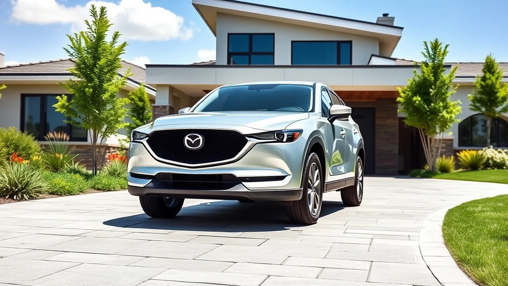 Professional photograph of a 2023 Mazda CX-5 in silver, three-quarter front view, parked on modern suburban driveway with contemporary home in background, bright daylight, pristine condition, no watermarks