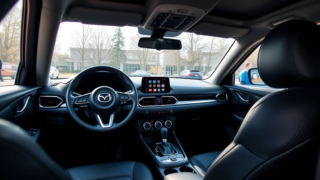 Interior dashboard and cabin view of Mazda CX-5 showing steering wheel, infotainment screen, and front seats with high-quality leather trim, natural lighting from windows, clean professional automotive photography