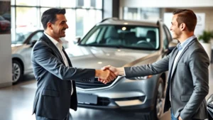 Professional automotive salesperson shaking hands with customer in dealership showroom, Mazda CX-5 visible in background, natural lighting, business casual attire, genuine handshake moment