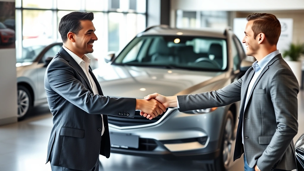 Professional automotive salesperson shaking hands with customer in dealership showroom, Mazda CX-5 visible in background, natural lighting, business casual attire, genuine handshake moment