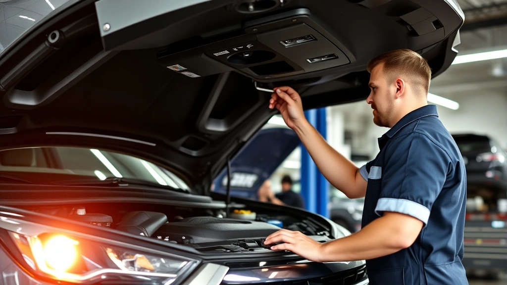 Mechanic performing detailed vehicle inspection under hood of compact crossover SUV, checking fluid levels and engine components, wearing professional work uniform, bright workshop lighting