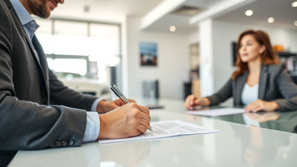 Customer signing purchase agreement documents at dealership desk with salesman present, paperwork and pen visible, professional office setting, neutral background, daytime lighting