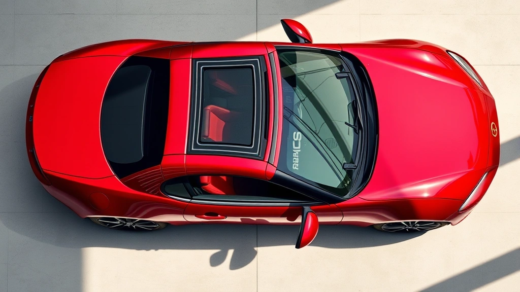 Professional overhead shot of a red Mazda Miata RF with retractable hardtop partially deployed, showing the mechanical roof mechanism in mid-operation, photographed in bright daylight with soft shadows, clean automotive showroom or outdoor dealership lot setting, emphasizing the vehicle's sleek convertible design and engineering innovation