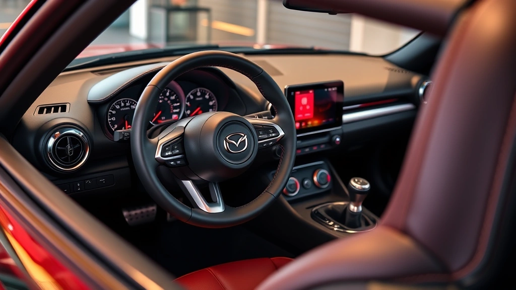 Close-up detail photography of Mazda Miata RF interior dashboard and steering wheel, showing modern infotainment touchscreen, analog gauges, and sport-oriented cockpit design, warm indoor lighting highlighting leather seats and premium materials, emphasizing driver-focused controls and technology integration