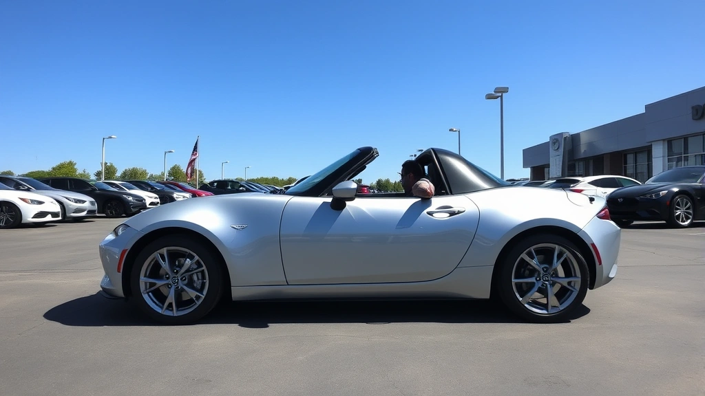 Wide-angle photograph of a silver Mazda Miata RF parked in a modern automotive marketplace or dealership lot, other sports cars visible in background, natural daylight with clear blue sky, showcasing the vehicle's compact proportions, aggressive stance, and retractable hardtop design in closed position, professional automotive retail environment