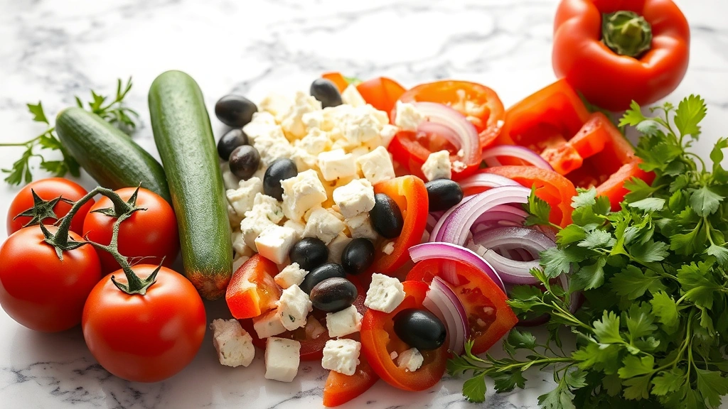 Professional food photography of fresh Mediterranean salad ingredients arranged on marble countertop: vibrant red tomatoes, crisp cucumbers, kalamata olives, crumbled white feta cheese, red onions, bell peppers, fresh herbs in natural daylight