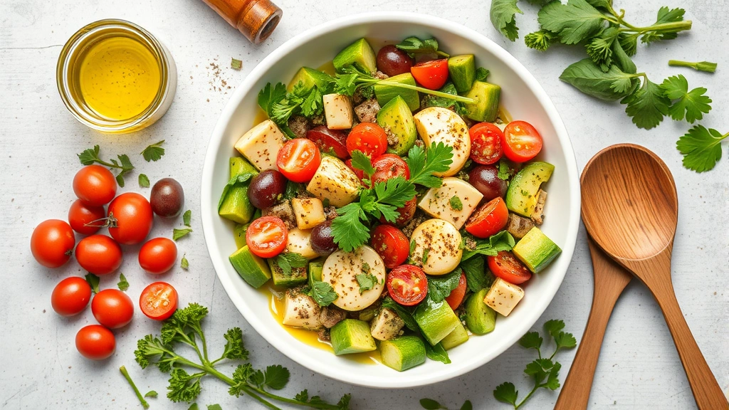 Overhead flat lay of prepared Mediterranean salad in white ceramic bowl with olive oil drizzle, garnished with fresh parsley and oregano, surrounded by Mediterranean ingredients and wooden serving spoons
