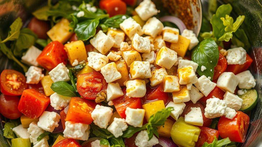 Close-up detail shot of Mediterranean salad components being tossed together in large mixing bowl, showing texture of vegetables, cheese crumbles, and glistening vinaigrette coating, emphasizing freshness and quality ingredients